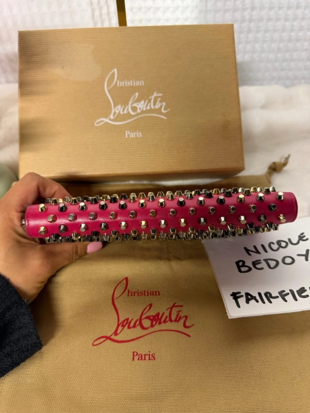 Christian Louboutin Studded Panettone Zip Around Wallet Pink Spiked Leather
